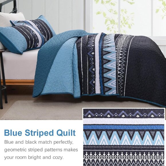 New 3 PC Boho Blue & Black Reversible Quilt Set • QUEEN Size - Picture 6 of 8